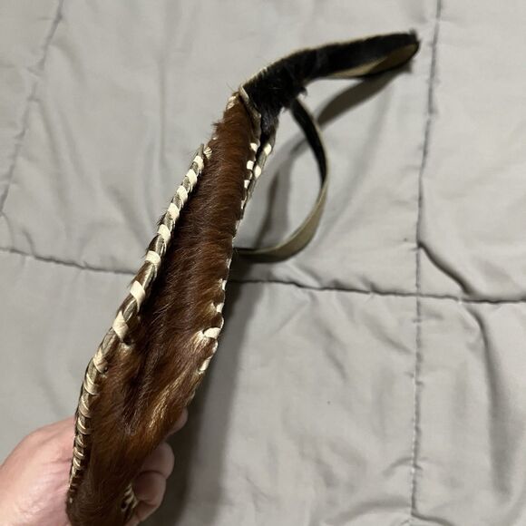 Womens Small Pony Cowhide Handmade Leather Black & Brown White Stitch Bag 7X7 - Picture 7 of 9